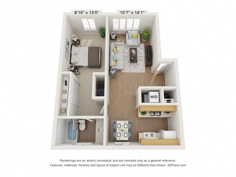 Floor plan for 1 bed, 1 bath, 733 sqft